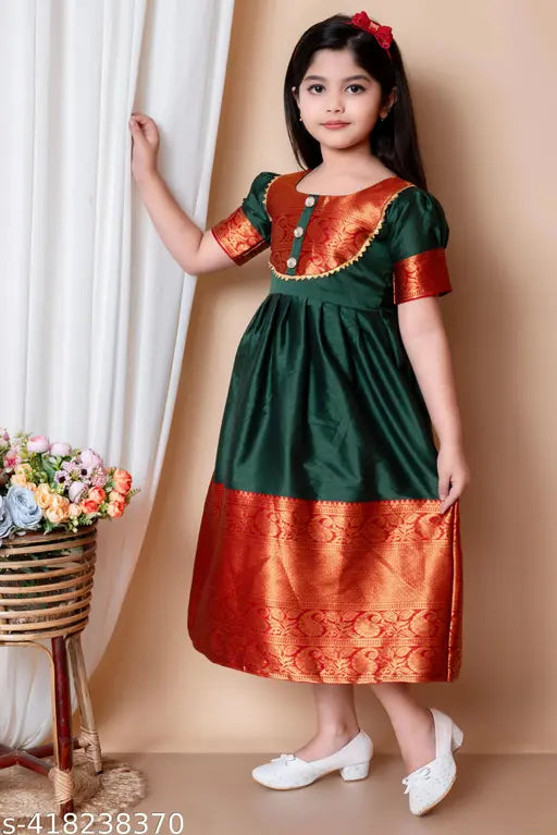 Silk girls frock, South Indian pattu short sleeve, traditional-chic kidswear