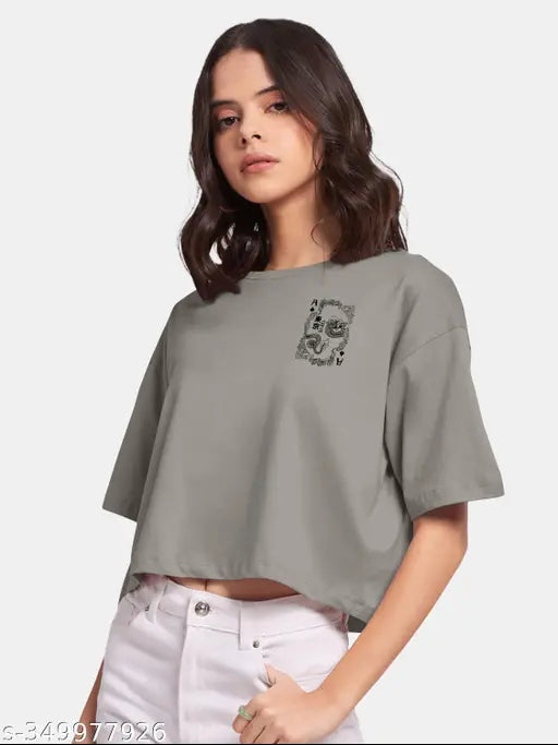 Cotton blend printed WD T-Shirt, stylish short sleeved women's top from India