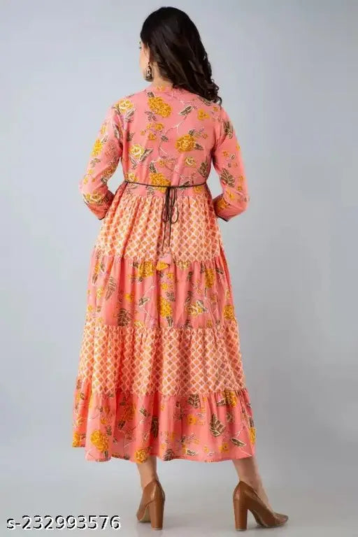 Rayon printed Anarkali Kurta, three-quarter sleeves, beautiful design for women's fashion, XL size (bust: 42in), Indian origin