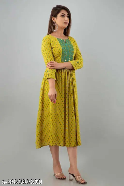 Rayon embroidered anarkali kurti with high-demand printed design, single sleeves, S-XXXL sizes