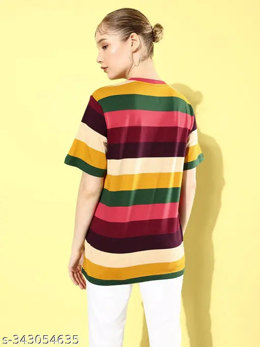 Multicolored striped cotton oversized T-shirt, short sleeves, XS size (38in bust, 27in length). Indian-made fashion statement