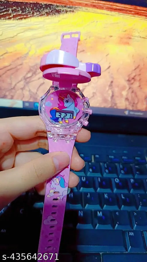 Pink silicone watch for kids, features Unicorn cap 3D music with multi-light glowing watch, digital display, easy-to-read dial, and free size