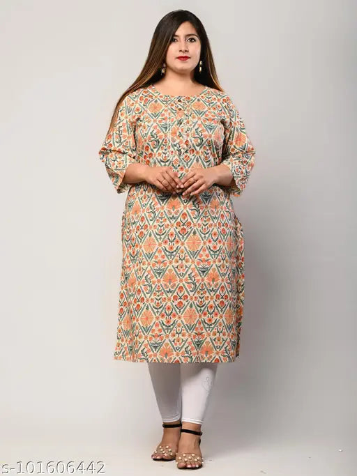 Plus size printed cotton kurtis, three-quarter sleeves, Indian ethnic wear in XXL, XXXL, 4XL, 5XL, 6XL, 7XL, 8XL, 9XL