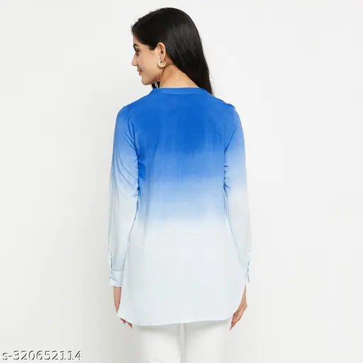 Ombre blue rayon embroidered top for women, short sleeves, solid pattern. Size S (Bust 36in, Length 29in), made in India