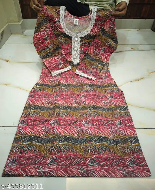 Winter woolen printed kurti with three-quarter sleeves, vibrant design, available in multiple sizes (M-XXXL). Woolen Indian fashion on hanger