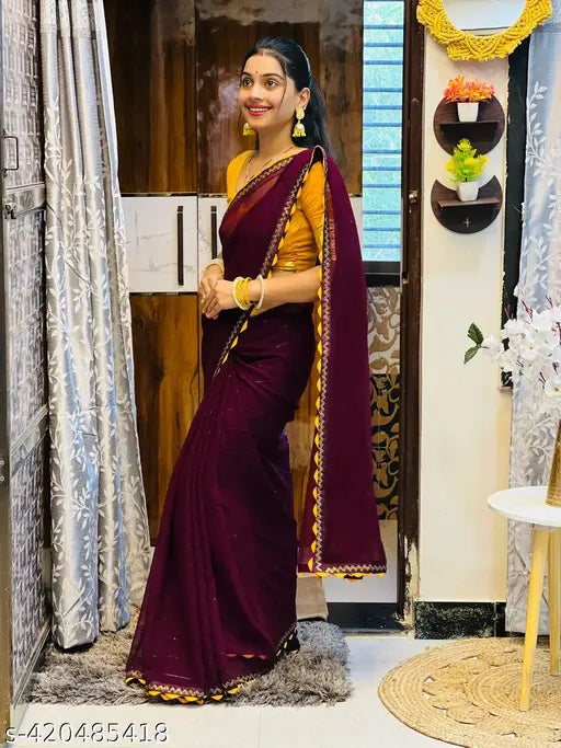 Banarsi Georgette Silk Saree, solid digital print, hand-worked Indian saree with contrast pallu and blouse, free size (Saree length: 5.5m, Blouse length: 0.8m)