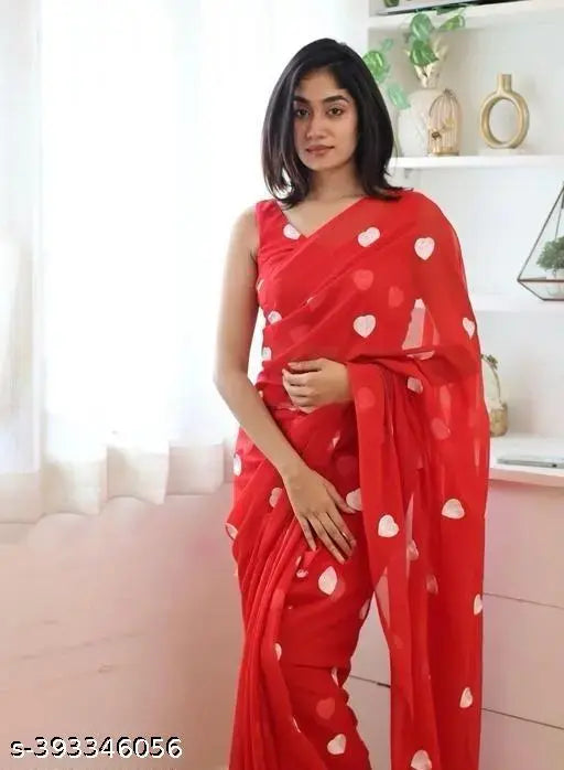 Trendy petite saree in georgette fabric with running blouse, solid net embroidered pattern, free size, Indian origin