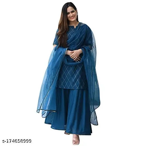 Blue rayon kurta with sharara and viscose rayon dupatta set, printed net pattern, three-quarter sleeves. Indian festive wear for Diwali