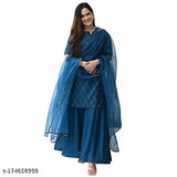 Blue rayon kurta with sharara and viscose rayon dupatta set, printed net pattern, three-quarter sleeves. Indian festive wear for Diwali