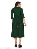 Green embroidered viscose rayon A-line Kurta with three-quarter sleeves. Traditional Indian women's clothing for functions, receptions, weddings, and events