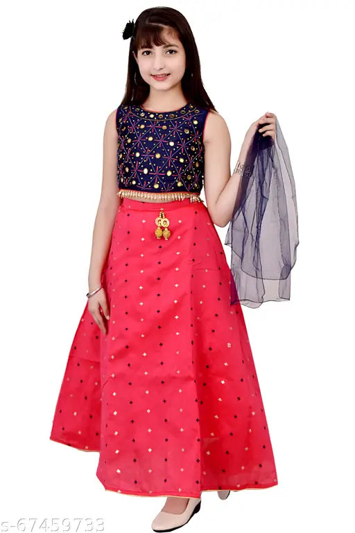 Embellished polka dot Art Silk Lehenga, Silk Blend Dupatta, in solid color on 10-14 year old girls - Indian ethnic wear