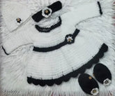 Handmade acrylic woolen baby girl sweater with cap hairband, booties, and floral motifs. One-of-a-kind, classic style, perfect for 6-12 months