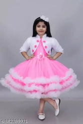 Pretty net silk pink & white one-piece festive dress for girls, India origin. Comfortable and stylish for 6-7 years old in solid net design