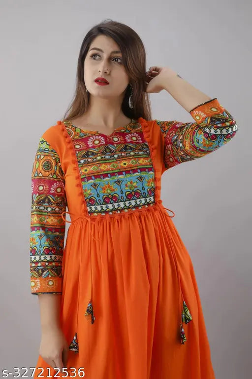 Rayon woman printed gown with solid combo, three-quarter sleeves, Indian origin, women's fashion