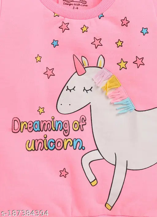Pink cotton sweatshirt with 3D unicorn applique graphic print, 2-3 years girls' apparel