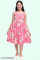 NAIDAA Pink Cotton Blend Flower Knee-Length Kids Party Dress, perfect for every occasion