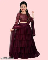 Ruffled satin-net kids lehenga with embroidery, semi-stitched, various sizes from 2-16 years, Indian designer wear