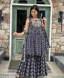Dark blue rayon printed kurta with sharara and dupatta set, elegant Indian ethnic wear for festive occasions or daily wear