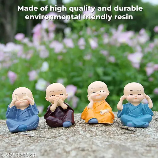 Resin Little Baby Monk set of 4 decorative showpieces, ideal for car dashboards and home decor