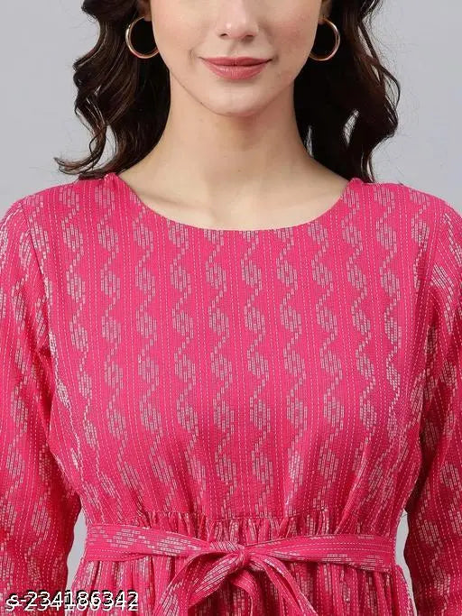 Pink cotton blend kurta with GulabiNagri CC printed combo, three-quarter sleeves for women