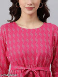 Pink cotton blend kurta with GulabiNagri CC printed combo, three-quarter sleeves for women