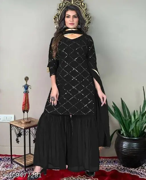 Women's Georgette Sharara set - printed three-quarter sleeve Kurta with Dupatta and bottomwear from India