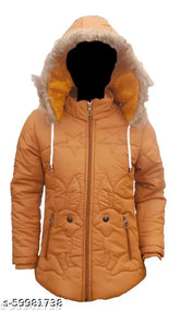 Girls mustard polyester jacket & coat, soft fluffy design with detachable hood, various sizes from 3-4yrs to 10-11yrs, Indian-made