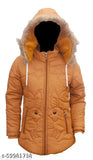Girls mustard polyester jacket & coat, soft fluffy design with detachable hood, various sizes from 3-4yrs to 10-11yrs, Indian-made