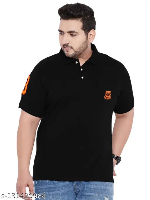 Bigbanana men's large black solid polo t-shirt, short sleeves, printed design, XXL (50in chest, 27in length), made in India