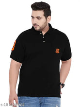 Bigbanana men's plus size TIM-Black Solid Polo T-Shirt, printed design on short sleeves. Available in XXL, XXXL, 4XL, 5XL, and 6XL sizes, perfect for larger frames. Made in India