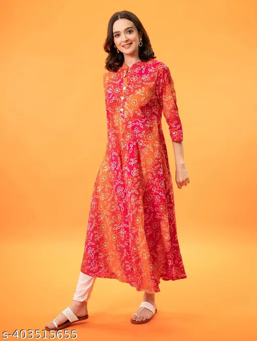 Rayon Bandhani print Anarkali Kurta, Chokhi Bandhni women's festive wear, single-sized S-XXL