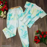 Multicolor tie-dye cotton blend nightdress set, includes t-shirt & pyjamas, unique design for women's comfort, Indian origin