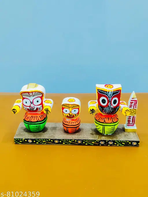 Marble & Wood Handcrafted Lord Jagannath Balabhadra and Devi Shubhadra Artifact (14cm x 7cm x 0.5cm) - Beautiful Indian home decor or temple showpiece