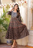 Black embroidered flared anarkali gown kurta, rayon with three-quarter sleeves, stylish printed design for women