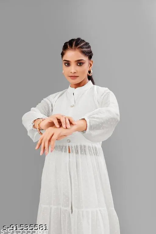 White heavy Georgette kurti with frills, center slit and long flair - Indian festival wear for women