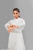White heavy Georgette kurti with frills, center slit and long flair - Indian festival wear for women