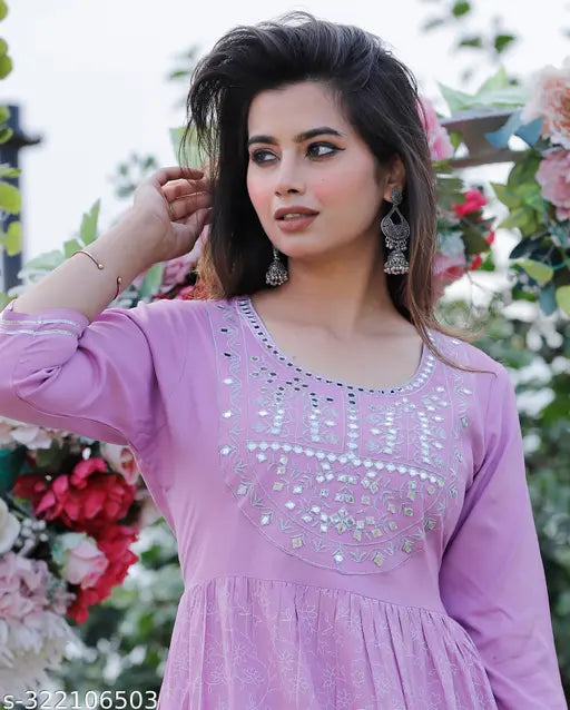 Rayon festival designer yoke embroidery kurta, fuchsia print and solid mix, three-quarter sleeve length, India origin