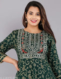 Jaipuri printed rayon anarkali kurti, three-quarter sleeves, gold and sequin embellishments, Indian ethnic wear for women