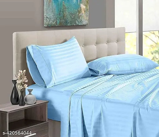 Light Blue striped, superfine pure cotton double king flat sheets with 2 pillow covers, tested for color and durability, perfect fit for large mattresses, made in India