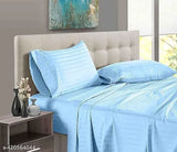 Light Blue striped, superfine pure cotton double king flat sheets with 2 pillow covers, tested for color and durability, perfect fit for large mattresses, made in India