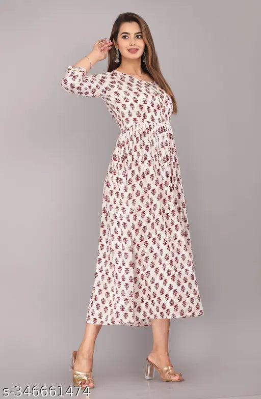 Rayon slub, printed combo Procini Anarkali dress with three-quarter sleeves, women's fashion from India