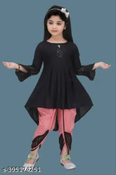 Black and peach embellished net Rayon party dhoti kurta set for girls (size: 5-6 years)