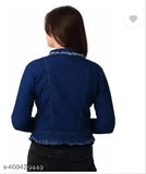 Dark blue denim teen Patti jacket with long sleeves, solid design. Women's fashion accessory from Insha Enterprises. Made in India