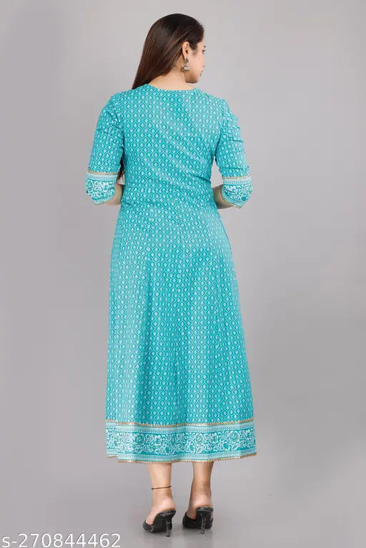 Peach rayon anarkali kurti, single printed design on three-quarter sleeves, Indian women's fashion wear