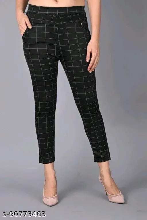 Cotton blend checked jeggings for women by Stutakriti, free size (waist 32in, length 40in), made in India