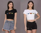 Black and white cotton blend boxy top with typographic print, short sleeves, perfect for daily wear