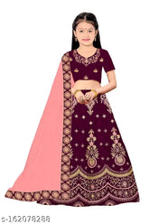 Multi-colored embroidered satin lehenga choli with net dupatta, short sleeves, suitable for 2-15 years