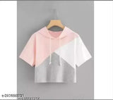 Maroon cotton blend color-blocked half-sleeve hoodie for women and girls party wear, triangular design