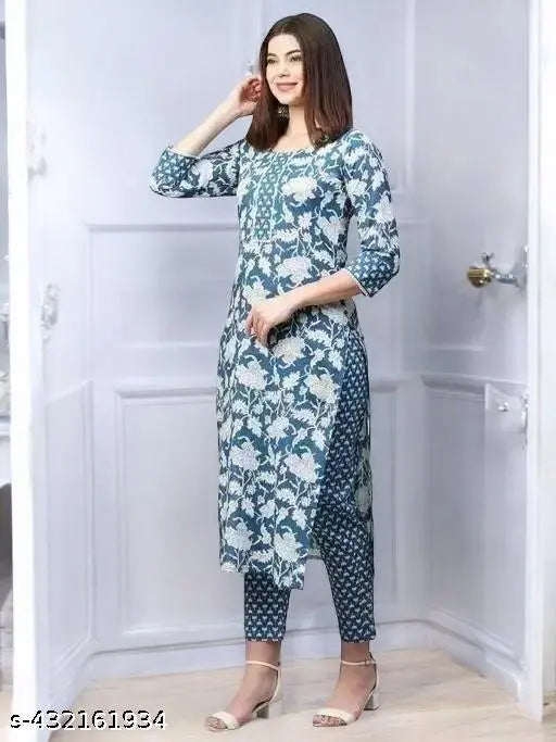 Printed three-quarter sleeve kurta with palazzo bottoms, Indian traditional wear for women