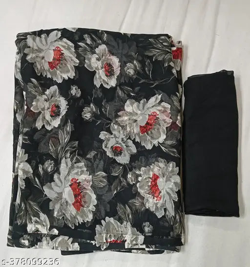 Light weight black georgette saree with floral print blouse for daily wear, perfect addition to your wardrobe from Sarees On Gillkart